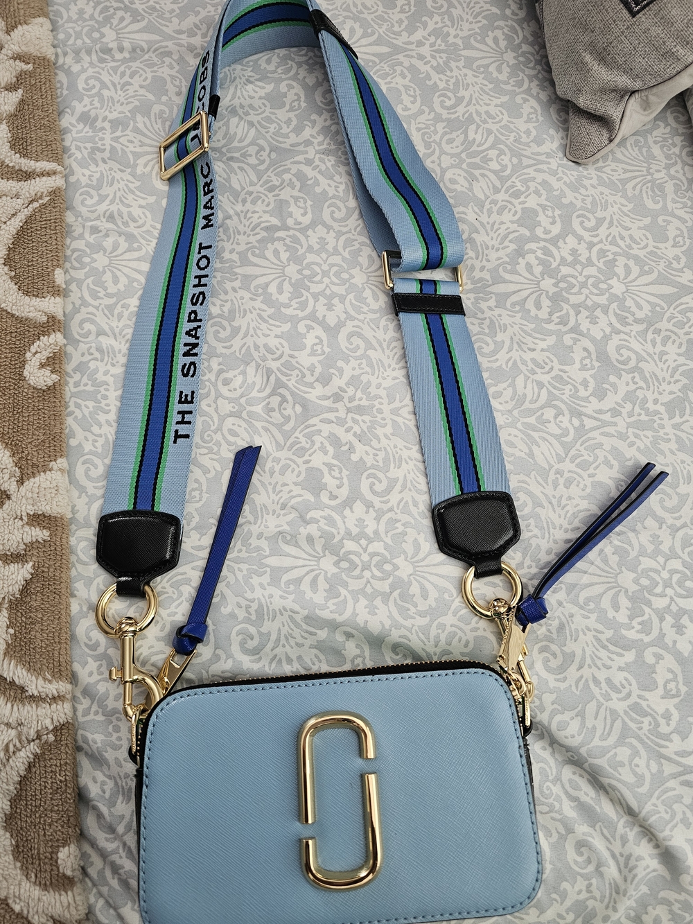 Marc Jacobs Light Blue Snapshot Crossbody with Blue and Green Striped Strap